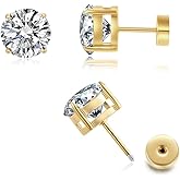 Hypoallergenic Flat Back 5A CZ Stud Earrings, Gold Plated Surgical Steel Secure Screw Back Cartilage Earrings for Women Men with Sensitive Ears | Multiple Piercing, 3-8mm CZ
