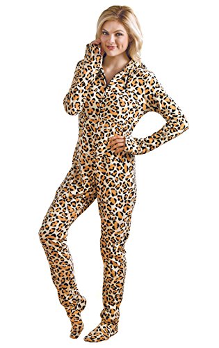 PajamaGram Women's Hoodie-Footie Fleece Onesie Pajamas, Leopard, XSM (2-4)