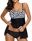 Yonique Women Vintage Chevron 2 Piece Ruched Padded Tankini Set Flyaway Top With Triangle Brief Bottom