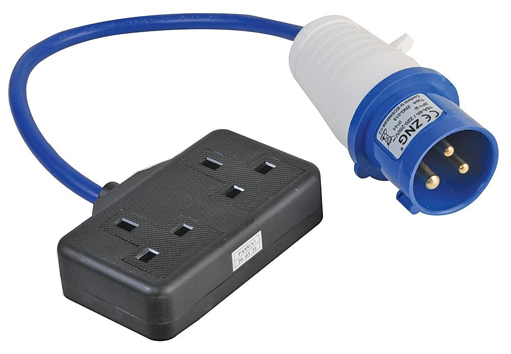 pro elec PL14284 13A Double Socket to 16A Plug Fly Lead Converter, Blue