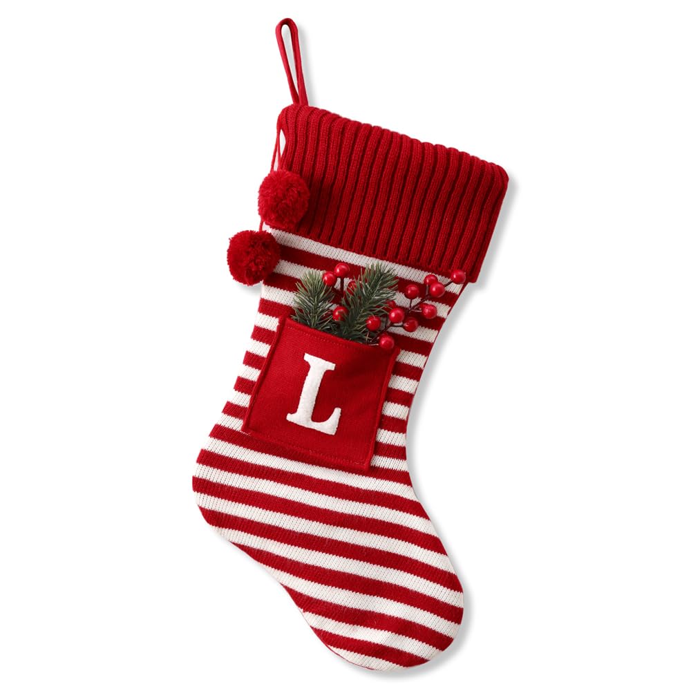 Photo 1 of 20 Inches Initial Monogram Embroidered Christmas Stocking Striped knitted Christmas Decorations Stocking Red,White, Green Letter Stockings for Family Holiday and Xmas Tree Fireplace Decor-50-L-Red