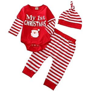 MoccyBabeLee Pasgeboren Baby Jongen Meisje Kerst Outfits Lange Mouwen Gestreepte Romper Bodysuit Broek Hoed 3 Stks…
