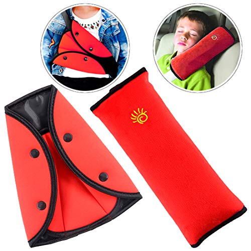 Swpeet 2Pcs Red Seat Belt Pillow + Safety Seat Belt Adjuster Seat Strap Cover Adjuster Perfect for Kids, Soft Neck Support Headrest Seatbelt Pillow Cover & Seatbelt Adjuster for Child Baby Adult