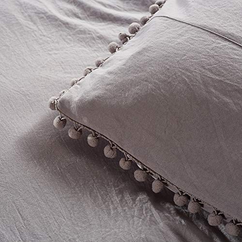 MOVE OVER Grey Pom Poms Pillow Case, Light Grey King Pillowcases Set of 2, 100% Washed Microfiber, Gray Ball Fringe Pillow Shams King 2 Pack (King, Light Grey)