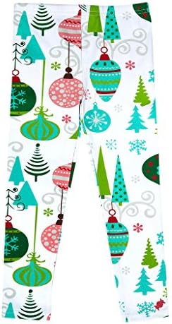 BonBon Clouds Girls Christmas Leggings - Made out of 95% Cotton and 5% Spandex Active Wear for Babies, Toddlers and Kids (7/8, Christmas Ornaments White)