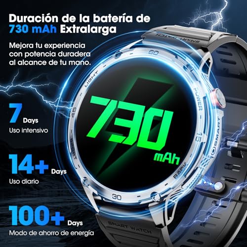 Reloj Inteligente Hombre 1,75" AMOLED 730mAh 110+ Modos Deportivos, Reloj Militar Hombre Pulsómetro/Sueño/Podómetro/IP68 Impermeable, Smartwatch con LED Linterna para Android iOS (Llamadas Bluetooth)