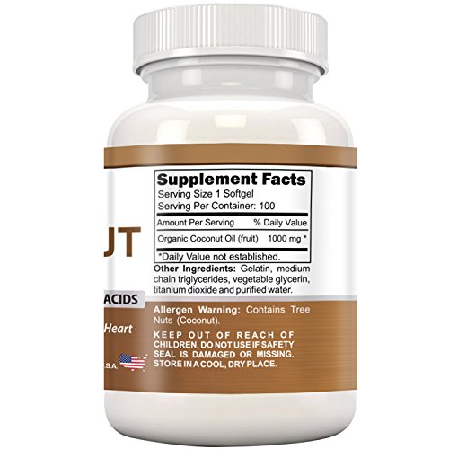 Coconut Oil Capsules Extra Virgin Organic Coconut Oil Pills 100 Softgels, 1000mg Each Cold