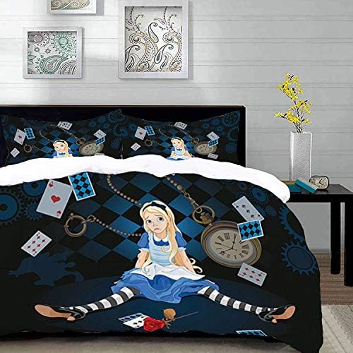 Duvet Cover Set,Alice in Wonderland ations Theme Image,Grown Size Alice Sitting with Fying Cards and Rose Flower Striped Cartoon,King Size Decorative 3 Piece Bedding Set with 2 Pillow Shams,Blue and B