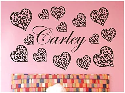 Leopard / Cheetah Animal Print Hearts (15 pieces) &amp; Personalized Custom Name - Wall Decal, Vinyl Decor Sticker
