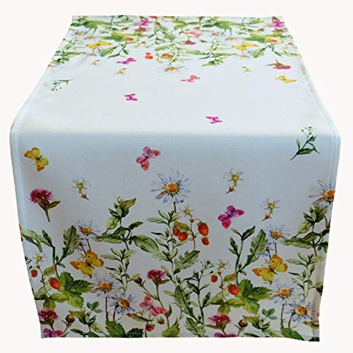Raebel Table Runner 40 x 90 cm Table Cloth Table Topper Easter Table Decoration Spring White Colourful Flowers and Butterflies