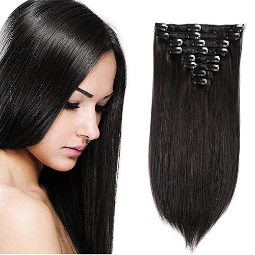 Perstar Clip in Hair Extensions Remy Human Hair for Women 8A Quality Silky Straight Human Hair Clip on Extensions Double Weft 8pieces 18 clips(16 inch, #1B Natural Black)