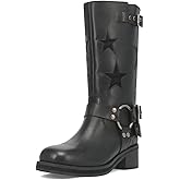 Goolita Women's Buckle Biker Knee High Boots Square Toe Chunky Heel Star Moto Mid Calf Boots Slip On Motorcycle Riding Boot