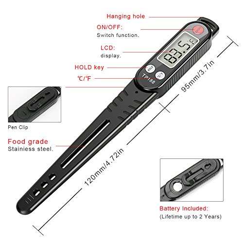 Meat Thermometer, totobay Food Thermometer Instant Read Thermometer Cooking Thermometer with Long Probe for Kitchen Cooking BBQ Grill Smoker Meat Fry Food Milk Yogurt (Black)