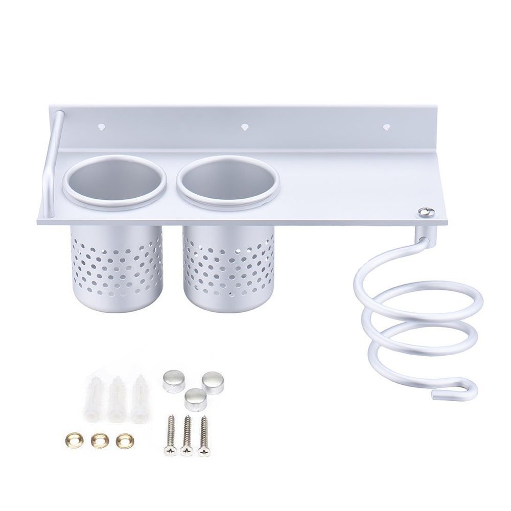 YOCZOX Hair Dryer Holder, Wall Mount Hairdryer Straightener Spiral Holder Rack, Multifunctional Bathroom Accessories Organizer Collection Storage Shelf Rack, with 2 Cups & Socket Plug Holder
