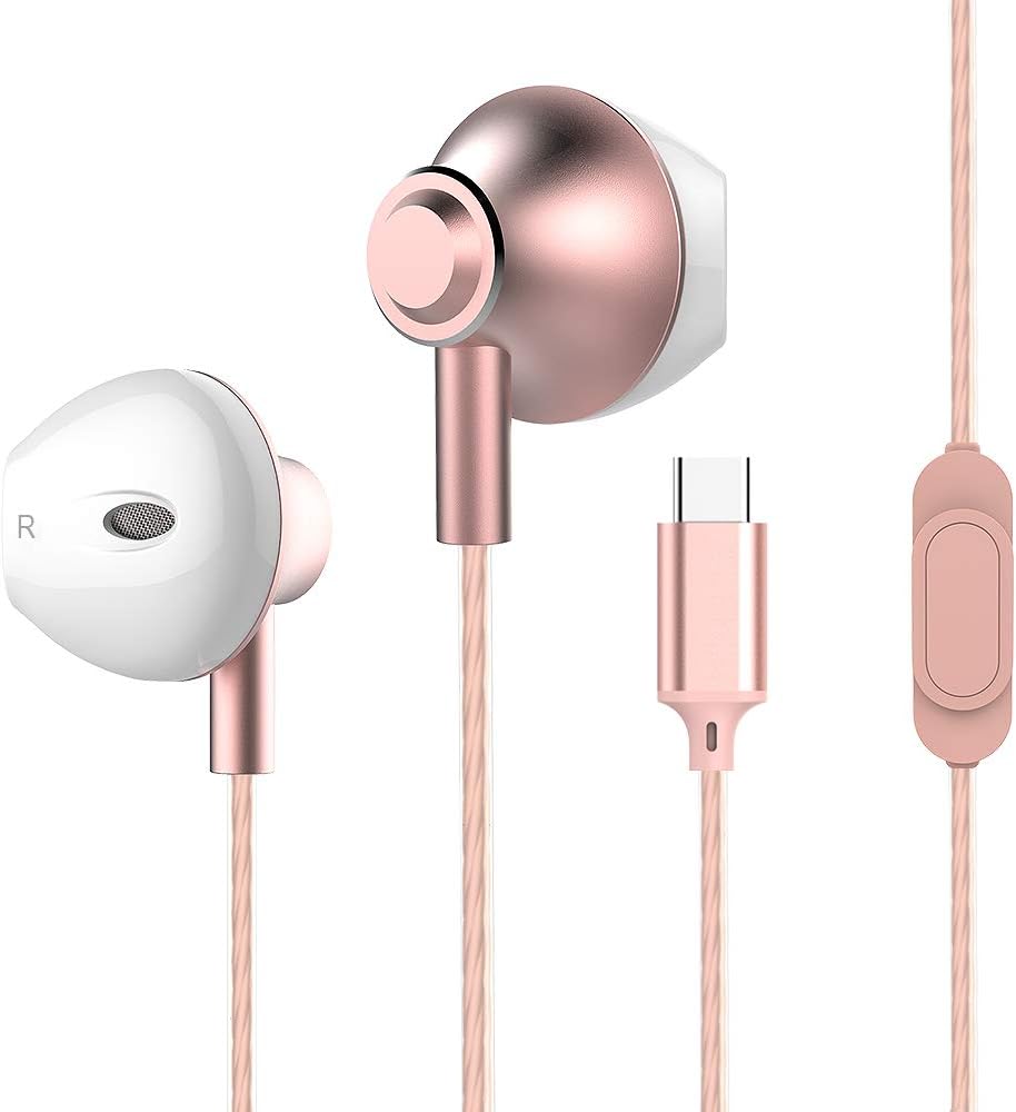 USB C Headphones, WOHZOEK Typc C Earbuds with Microphone, Stereo Bass Earphones, Compatible with Google Pixel 2/XL, Huawei, HTC 10/U11/U12, Xiaomi, Essential Phone (Rose Gold)