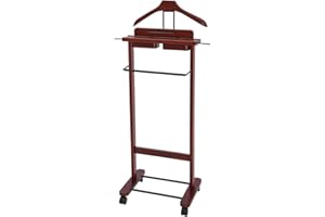 BLISIOUR Valet Stand with Wheels and Top Tray, Wood Mens Suit Valet Stand with Shoe Shelf, Freestanding Clothes Valet Stand with Hanger, Storage Organizer for Entryway Office Living Room (B, Walnut Color)