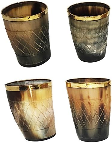 Set of 4 Pieces Handicrafted Natural Horn Glass 3 inch Polished with Brass trimSet of 4 Pieces Handicrafted Natural Horn Glass 3 inch Polished with Brass Trim