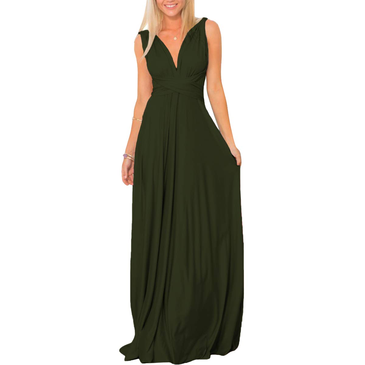 Photo 1 of Women Transformer Convertible Multi Way Wrap Long Prom Dress Halter V-Neck Wedding Guest Bridesmaid Evening Party Maxi Dress Spaghetti Strap Criss Cross Front Backless Boho Cocktail Gown Army Green L