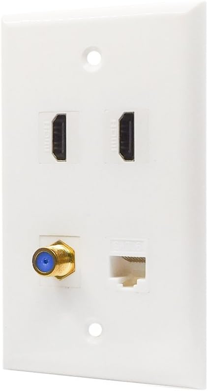 4 Port HDMI Coax Ethernet Wall Plate - 2 HDMI Cat6 Ethernet Coax Wall Plate Female to Female with 1 Coaxial TV Cable F Type + 1 Cat6 Ethernet Jack - White