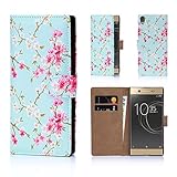 32nd Floral Design Leather Wallet Case for Sony Xperia XA1 Ultra, Designer Flower Pattern Wallet Style Case Cover with Card Slots - Spring Blue