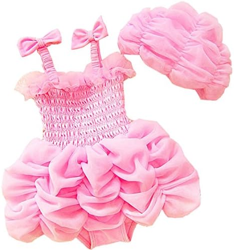 Baby Girls Bathing Suit One Piece Princess Bubble Swimsuit Swimskirt With Caps 1-2 Years Pink