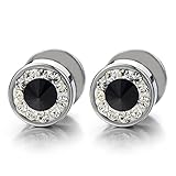 8mm Mens Stud Earrings Stainless Steel Cheater Fake Ear Plugs Gauges Screw Back with Cubic Zirconia, 2pcs