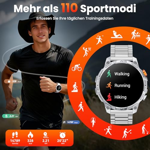 Men's Military Smartwatch with 1000 mAh Battery/2 Bracelets/1.75 Inch HD Large Display Sports Watch/110+ Sports Modes Fitness Watch/LED Torches/24/7 Heart Rate/Sleep Monitor/IP68 Waterproof for iOS