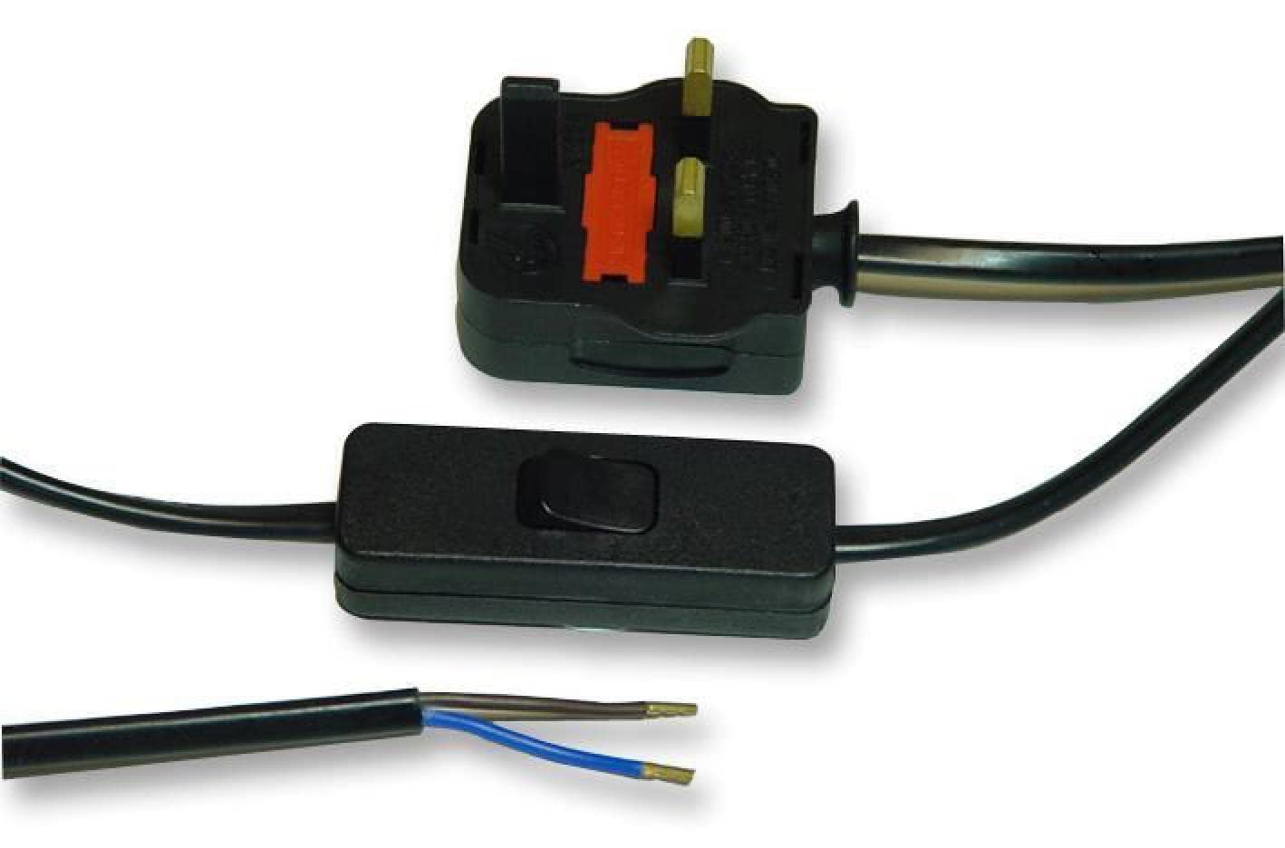 PRO ELEC 2M BLACK. UK Mains Plug to Stripped Bare Ends Power Lead with Inline Switch, Black 2m
