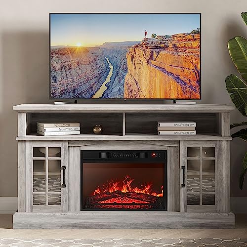 BELLEZE Traditional 58 Inch Rustic TV Stand with 23 Inch Electric Fireplace & Media