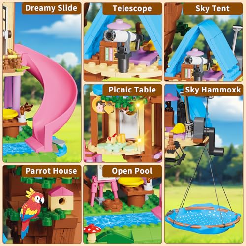 kiothdre Tree House Construction Set Compatible with Friends, Tree House Kit for Girls 731 Pieces with LED Light, Cat, Slide and Hanging Hammock, Christmas Birthday Gifts for Girls 6-12 Years Old