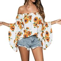 Buoyee Womens Sunflower Print Off Shoulder Tops Ladies Casual Loose T Shirt Blouse Yellow