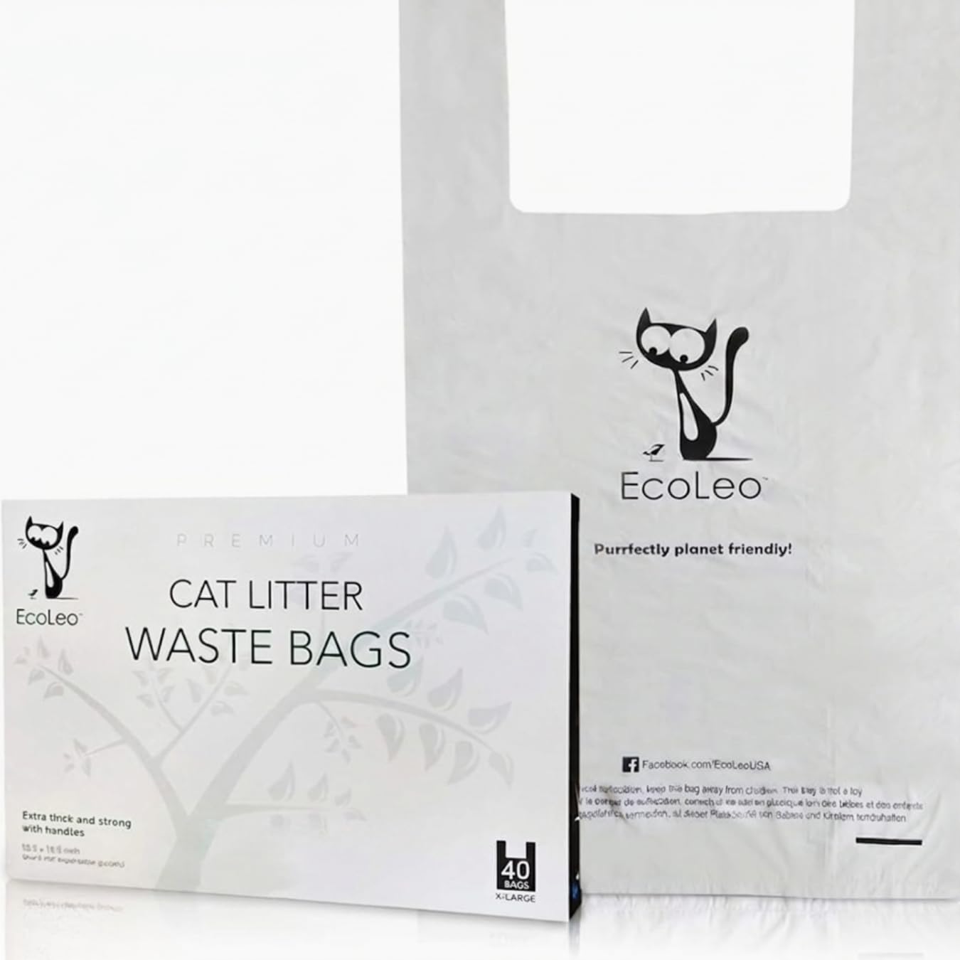 Cat Litter Waste Bags - IMPROVED X-Large, Certified Compostable, Biodegradable, Thick, Leak Proof, Pet/Dog Poop Bags with Easy-Tie Handles, 26.7 x 47cm - by EcoLeo (40-Count)