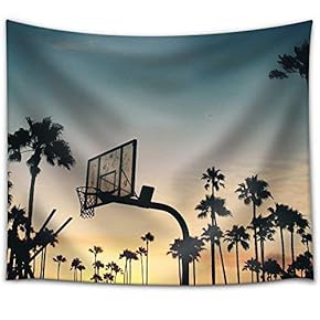 Basketball Stands and Palm Trees Under The Sunset - Fabric Wall Tapestry Home Decor - 51x60 inches