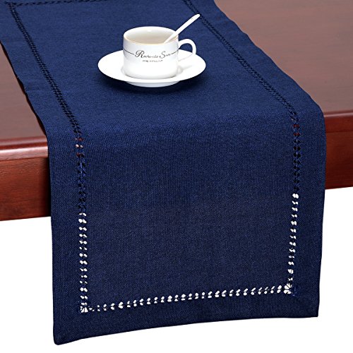 GRELUCGO Handmade Hemstitch Navy Blue Rectangular Table Runner Or Dresser Scarf (14 x 90 inch)