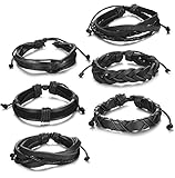 Jstyle 6 Pcs Mens Womens Braided Leather Bracelet Cuff Wrap Bangles Wristbands Adjustable Black