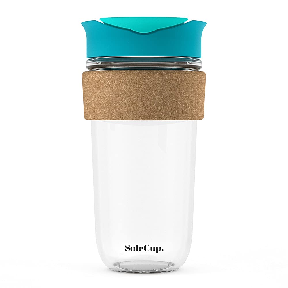 SoleCup. Large Travel Mug - Reusable Strengthened Glass Coffee Mug - 18oz/530ml BPA-Free Hot Drink Travel Mug with Lid & Cork Band (Blue, 530ml / 18oz)