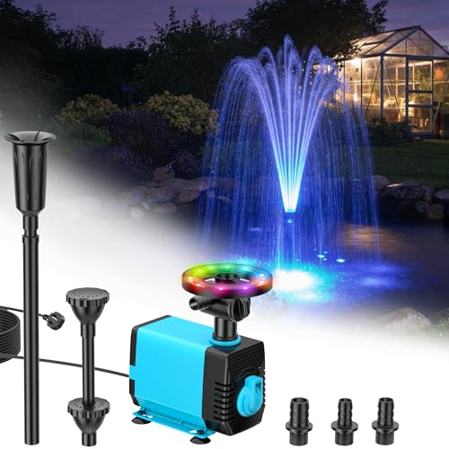 POPOSOAP Solar Pond Fountain with RGB Lights - Submersible Pump 40W, Flow 2100L/h, Adjustable Height and Flow Rate for Day & Night Decoration and Improving Water Quality
