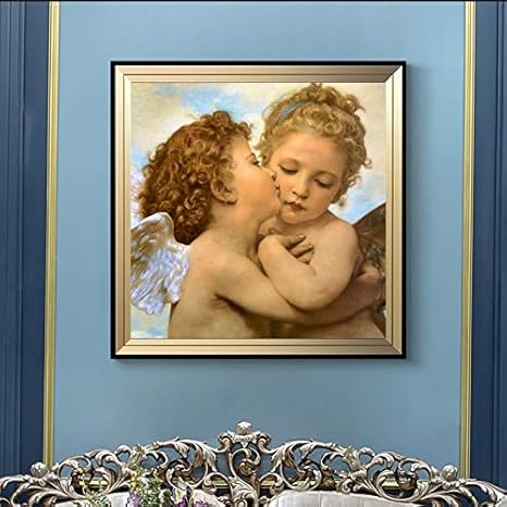 Amazon Co Jp ウィリアム アドルフ ブーグローによるファーストキス有名な絵画ポスターキャンバス壁アート写真リビングルームの装飾用60x60cm 24 X24 フレームレス ホーム キッチン