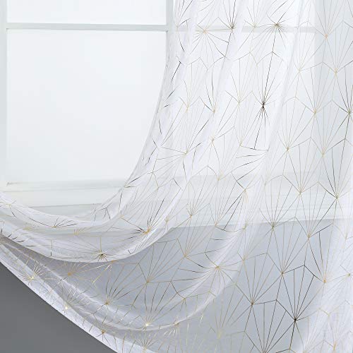 White and Gold Sheer Curtains 84 Inch Length for Bedroom Geometric