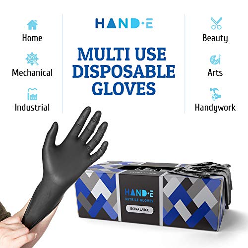Hand-E Disposable Black Nitrile Gloves Medium - 200 Count - Heavy Duty 5 mil Thick Industrial Grade - Powder Free, Latex Free, Textured Grip, Extra Length Cuff - BBQ, Hot Food Prep, Cleaning