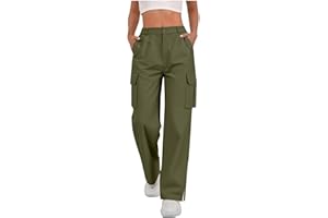 Women's Cargo Pants Split Side Button Elastic Waist Pants Hiking Casual Streetwear Trousers with Multi Pockets