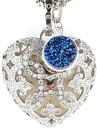 Filigree Heart Shaped Essential Oil Diffuser Necklace, Sterling Silver/Rhodium Plated with Drusy Quartz and 24 inch Chain, and 3 Felt Pads Included.