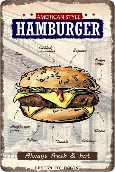 DODINO 20 x 30 cm Retro Tin Signs Hamburger Retro Decoration for the Barbecue Area BBQ Grill Sign Vintage Decoration