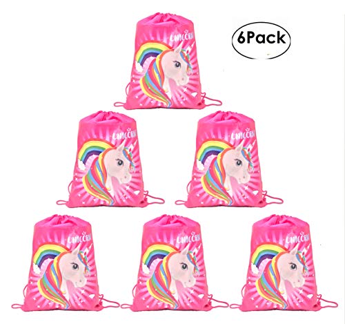 Drawstring Bags Favors for Kids Unicorn Design Backpack Rucksack Shoulder Bags Gym Bag, Arts & Crafts Activity 6 Pack （Cartoon, Animals)13.8"x10.6" Birthday Party packs (Dark Pink)