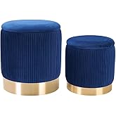 2BYF Blue Round Ottoman with Storage Set of 2 Upholstered Velvet Vanity Stool for Living Room Storage Ottomans Multifunctional Foot Rest