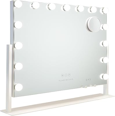 Specchio Trucco con Luci - 15 LED - 3 Modi di Luce - Intensità Regolabile - Controllo Tattile - Caricatore Wireless per Cellulari - Specchio Ingranditore Incluso - Bianco - 64x12x54,5cm