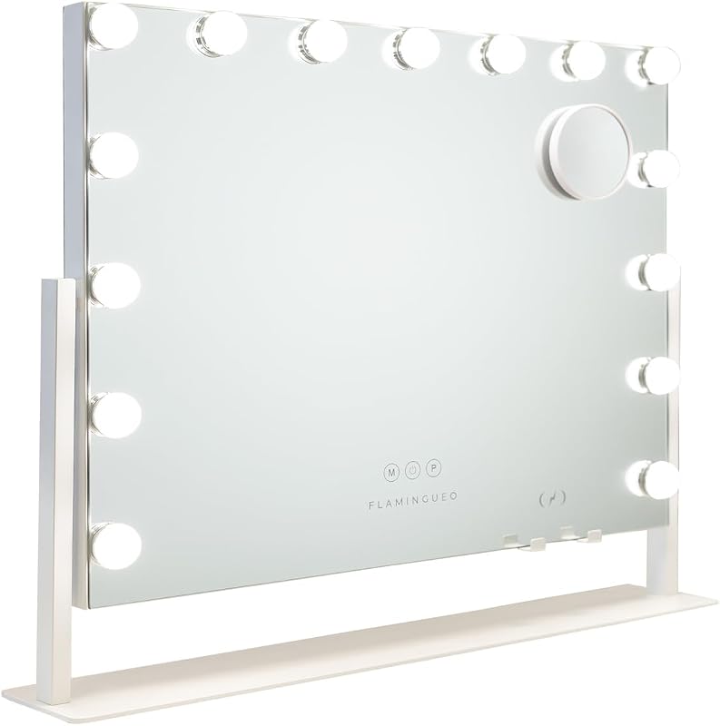 Schminkspiegel mit Beleuchtung - 15 LED - 3 Modi - Einstellbare Intensität - Touch Control - Wireless-Ladegerät für Mobiltelefone - Vergrößerungsspiegel Inklusive - Weiß - 64x12x54,5cm