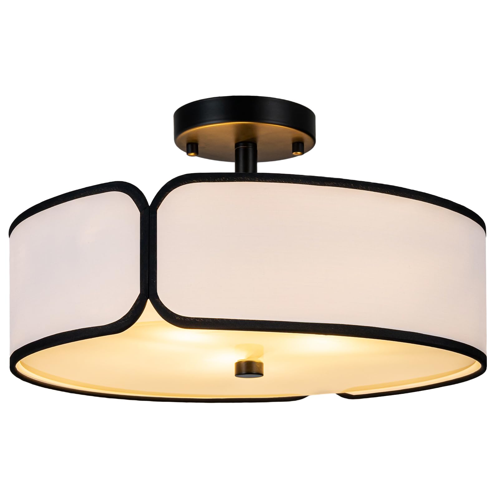 Photo 1 of 16" Semi Flush Mount Ceiling Light - 3 Lights Drum Light Fixture with Black Border White Fabric Shade, Farmhouse Close to Ceiling Light for Bedroom Living Dining Room Foyer and Hallway