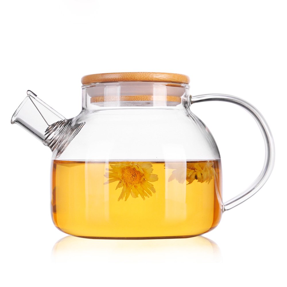 TAMUME 1000ML Glass Teapot with Bamboo Lid and Stainless Steel Filter Coil Glass Water Jug Ideal for Fruit Tea Container and Blooming Teapot