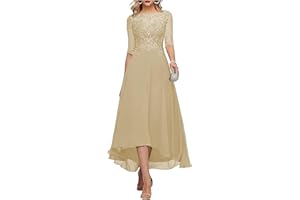 FNKSCRAFT Lace Appliques Mother of The Bride Dress 3/4 Sleeves A line Tea Length Chiffon Formal Wedding Party Prom Gowns for Women